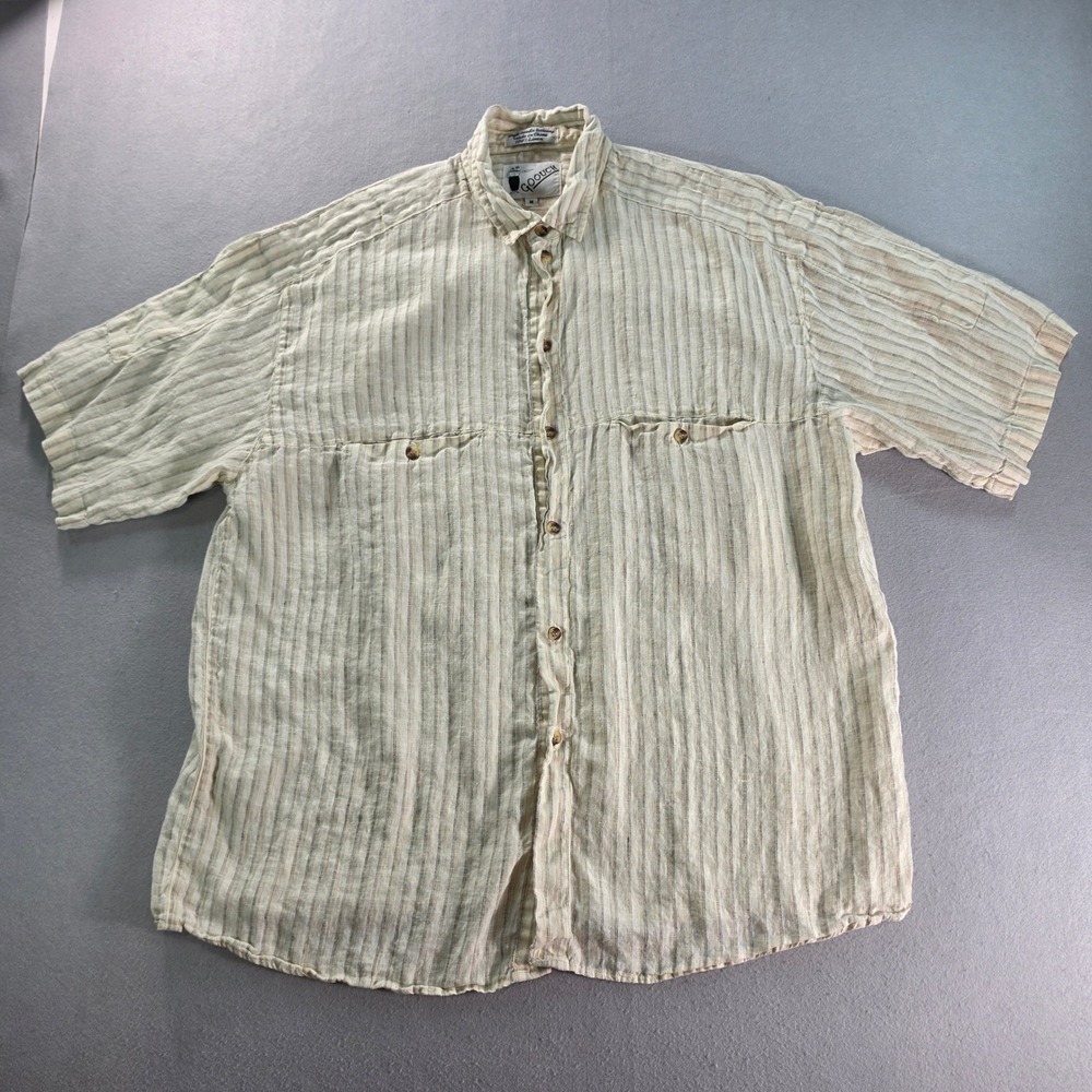 Goouch Vintage Mens Medium Linen Striped Short Sleeve Button Down Shirt Beige